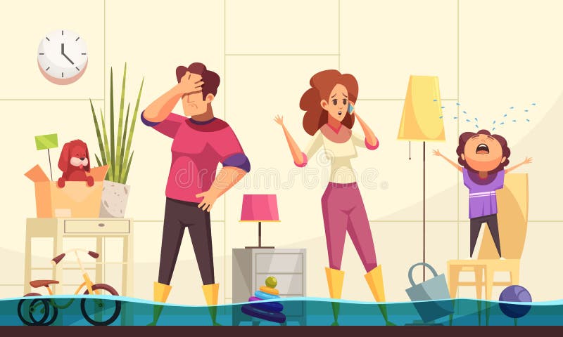 Flooded house emergency flat cartoon image with family home calling plumber to fix burst pipes vector illustration. Flooded house emergency flat cartoon image with family home calling plumber to fix burst pipes vector illustration